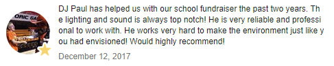 DJ Paul has helped us with our school fundraiser the past two years. The lighting and sound is always top notch! He is very reliable and professional to work with. He works very hard to make the environment just like you had envisioned! Would highly recommend!